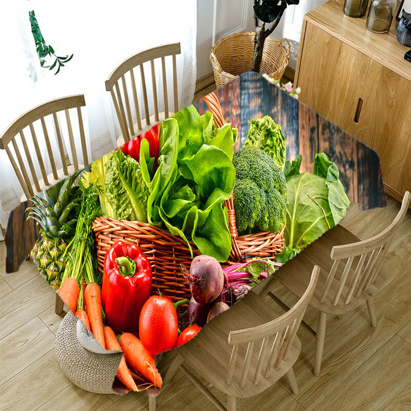 3D staltiesė Raudona vyšnių geltona mango vaisių raštas, dulkėms atsparus stalo dekoravimas staltiesė, apsauganti nuo apnašų stačiakampio formos staltiesės