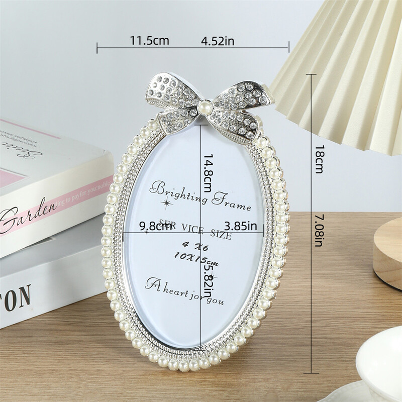 Un cadru cu diamante cu perle în formă de fundă, cu o ramă foto ovală de 3/6/7 inci, potrivită pentru cadourile pentru adulți pentru copii, ziua de naștere