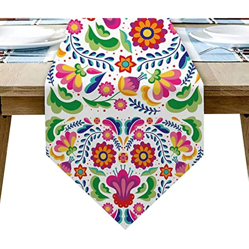 Meksikos mirusiųjų dienos lino bėgikai Virtuvės valgomojo stalo dekoravimas Cinco De Mayo stalo bėgikai, skirti vakarienės dekoravimui