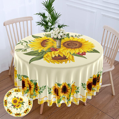 1 kom poliesterski vodootporni okrugli stolnjak naslikan suncokretovim uljem s rešetkastim rubom Pokrivač za blagovaonski stol Boemska tapiserija 63 inča