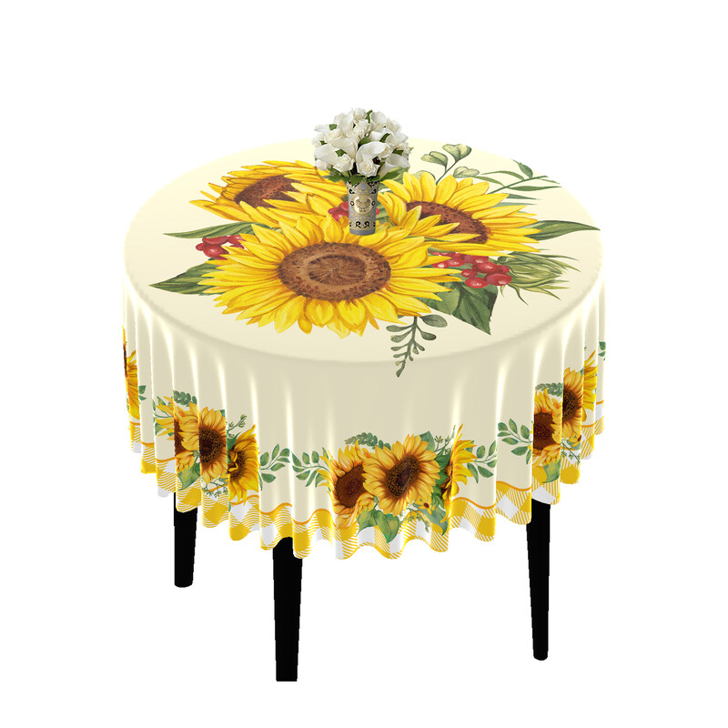 1 kom poliesterski vodootporni okrugli stolnjak naslikan suncokretovim uljem s rešetkastim rubom Pokrivač za blagovaonski stol Boemska tapiserija 63 inča