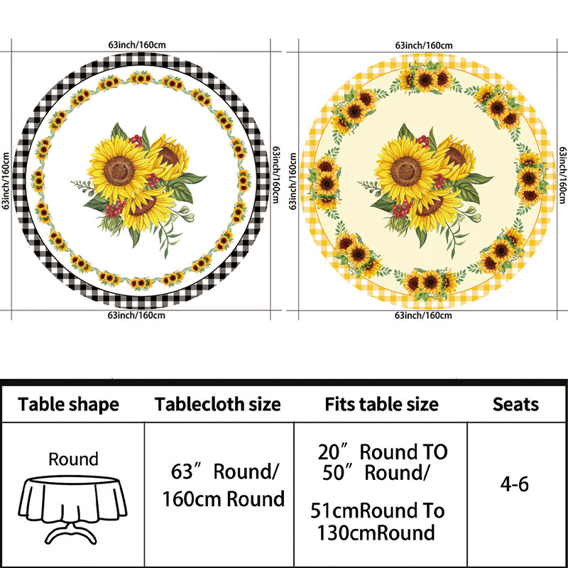 1 kom poliesterski vodootporni okrugli stolnjak naslikan suncokretovim uljem s rešetkastim rubom Pokrivač za blagovaonski stol Boemska tapiserija 63 inča