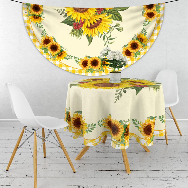 1 kom poliesterski vodootporni okrugli stolnjak naslikan suncokretovim uljem s rešetkastim rubom Pokrivač za blagovaonski stol Boemska tapiserija 63 inča