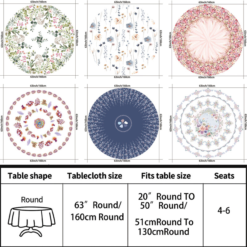 1 gabalas paprasta elegantiška šviesios spalvos gėlių apvali staltiesė vandeniui atspari terasos staltiesė Bohemiško stiliaus 63 colių staltiesė