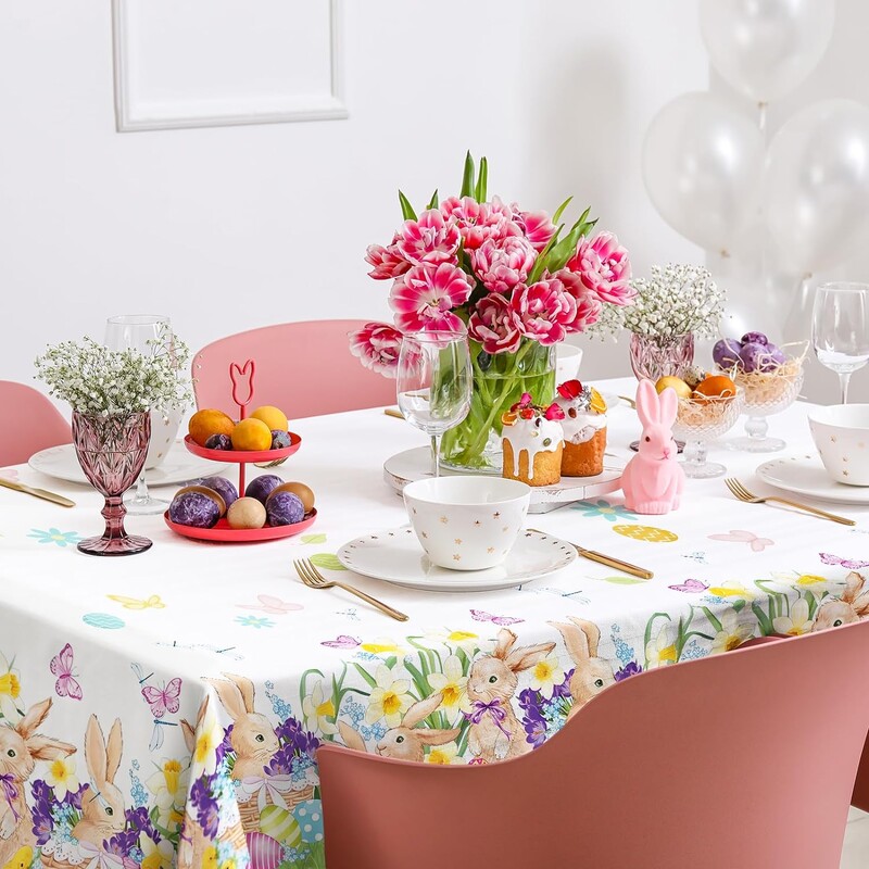 Față de masă cu ouă colorate, iepuraș, cu flori, dreptunghi, decor de Paște, în aer liber, petrecere de vacanță, acasă, bucătărie, decor pentru masă