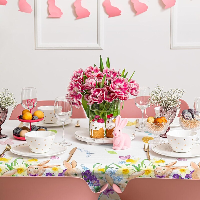 Față de masă cu ouă colorate, iepuraș, cu flori, dreptunghi, decor de Paște, în aer liber, petrecere de vacanță, acasă, bucătărie, decor pentru masă