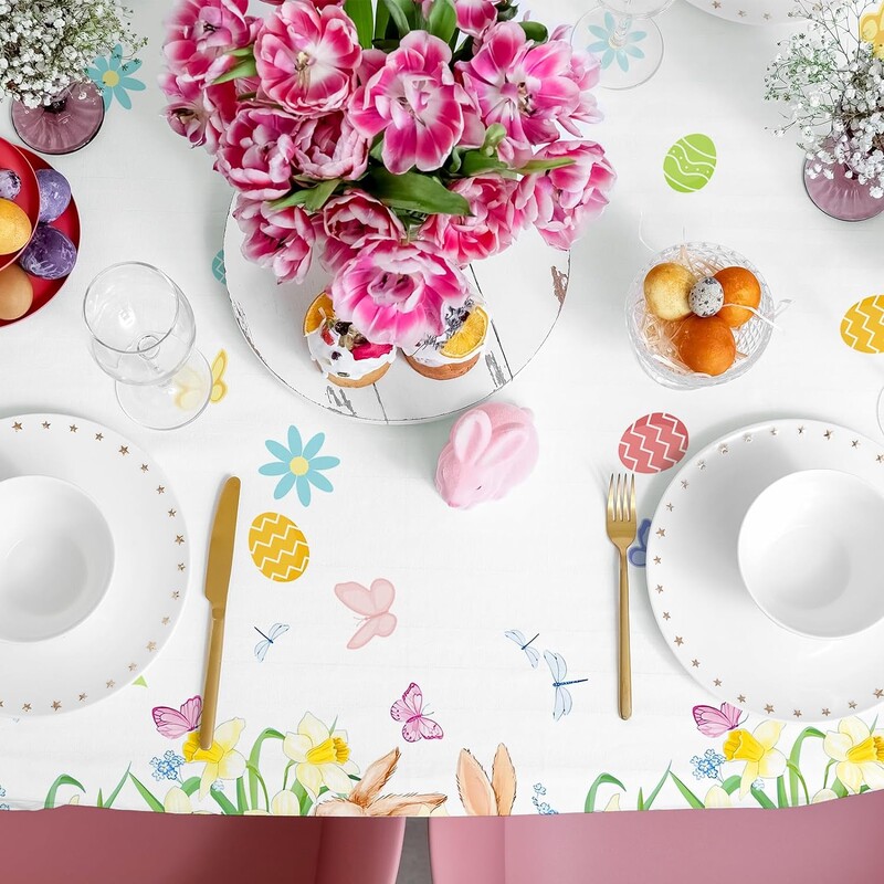 Față de masă cu ouă colorate, iepuraș, cu flori, dreptunghi, decor de Paște, în aer liber, petrecere de vacanță, acasă, bucătărie, decor pentru masă