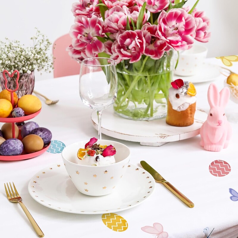 Față de masă cu ouă colorate, iepuraș, cu flori, dreptunghi, decor de Paște, în aer liber, petrecere de vacanță, acasă, bucătărie, decor pentru masă