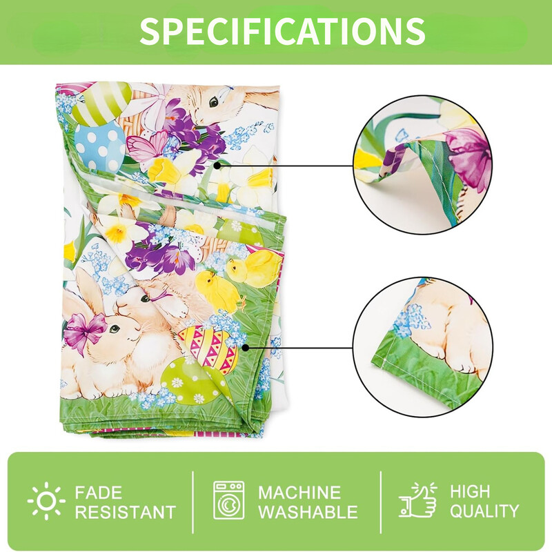 Față de masă cu ouă colorate, iepuraș, cu flori, dreptunghi, decor de Paște, în aer liber, petrecere de vacanță, acasă, bucătărie, decor pentru masă