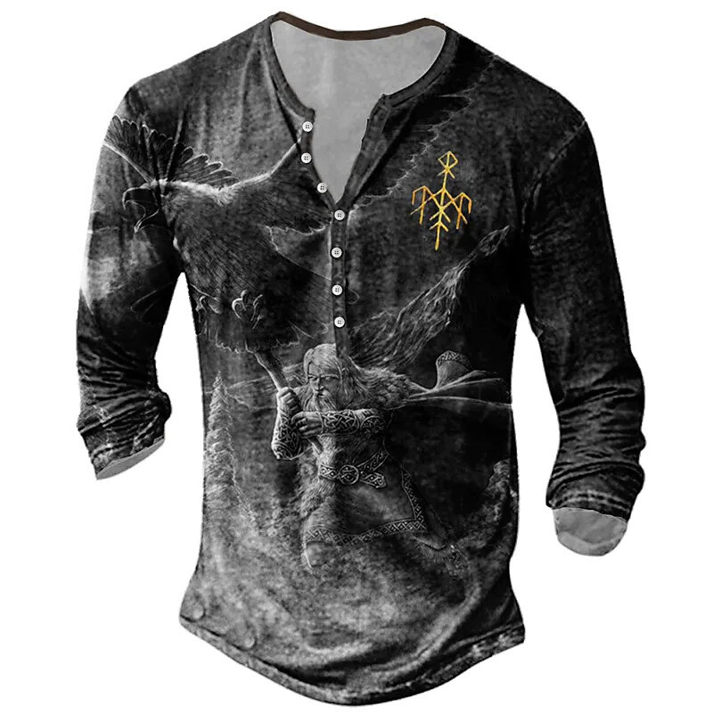 Tarpvalstybinės užsienio prekybos vyriški marškinėliai su 6 mygtukais su atviromis kelnėmis Retro Viking grafinio rašto marškinėliai ilgomis rankovėmis vyrams plius dydžio