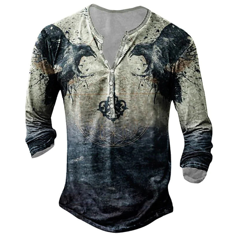 Tarpvalstybinės užsienio prekybos vyriški marškinėliai su 6 mygtukais su atviromis kelnėmis Retro Viking grafinio rašto marškinėliai ilgomis rankovėmis vyrams plius dydžio