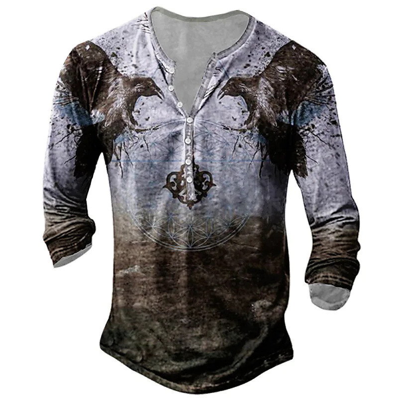 Tarpvalstybinės užsienio prekybos vyriški marškinėliai su 6 mygtukais su atviromis kelnėmis Retro Viking grafinio rašto marškinėliai ilgomis rankovėmis vyrams plius dydžio
