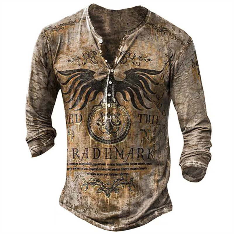 Tarpvalstybinės užsienio prekybos vyriški marškinėliai su 6 mygtukais su atviromis kelnėmis Retro Viking grafinio rašto marškinėliai ilgomis rankovėmis vyrams plius dydžio