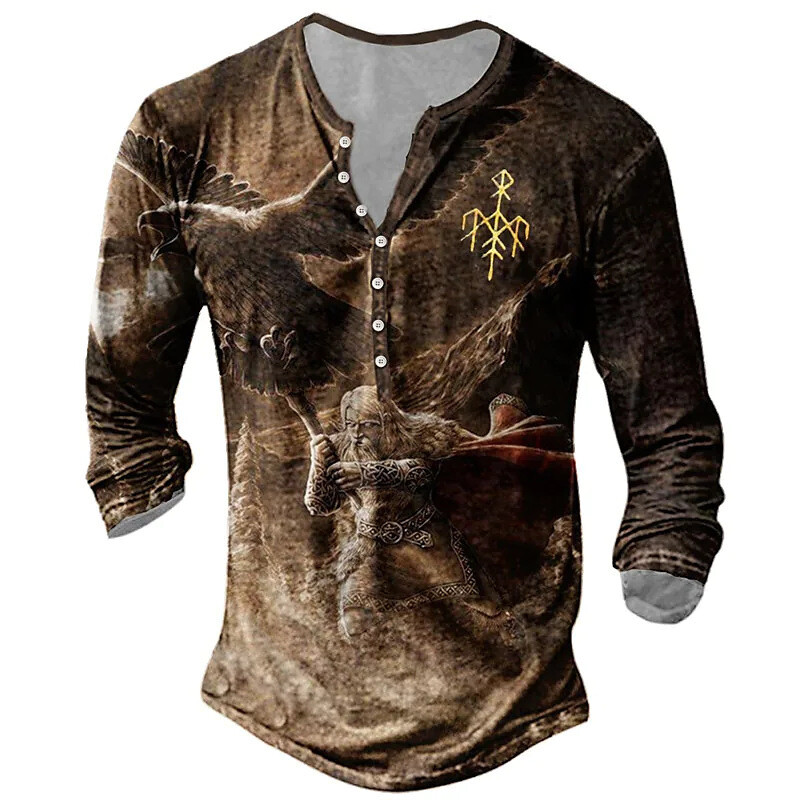 Tarpvalstybinės užsienio prekybos vyriški marškinėliai su 6 mygtukais su atviromis kelnėmis Retro Viking grafinio rašto marškinėliai ilgomis rankovėmis vyrams plius dydžio