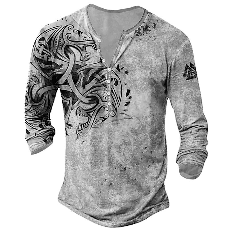 Tarpvalstybinės užsienio prekybos vyriški marškinėliai su 6 mygtukais su atviromis kelnėmis Retro Viking grafinio rašto marškinėliai ilgomis rankovėmis vyrams plius dydžio