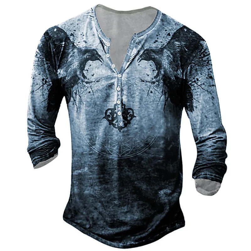 Tarpvalstybinės užsienio prekybos vyriški marškinėliai su 6 mygtukais su atviromis kelnėmis Retro Viking grafinio rašto marškinėliai ilgomis rankovėmis vyrams plius dydžio