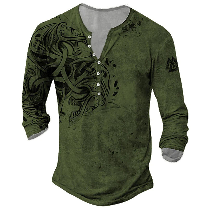 Tarpvalstybinės užsienio prekybos vyriški marškinėliai su 6 mygtukais su atviromis kelnėmis Retro Viking grafinio rašto marškinėliai ilgomis rankovėmis vyrams plius dydžio