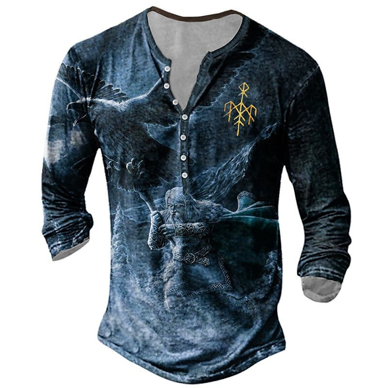 Tarpvalstybinės užsienio prekybos vyriški marškinėliai su 6 mygtukais su atviromis kelnėmis Retro Viking grafinio rašto marškinėliai ilgomis rankovėmis vyrams plius dydžio