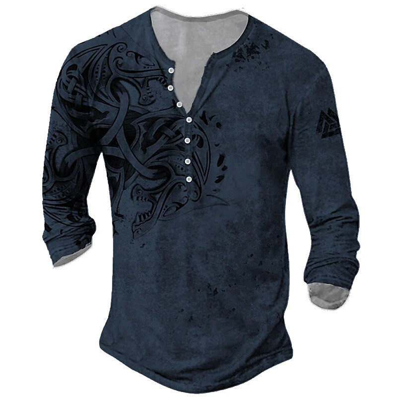 Tarpvalstybinės užsienio prekybos vyriški marškinėliai su 6 mygtukais su atviromis kelnėmis Retro Viking grafinio rašto marškinėliai ilgomis rankovėmis vyrams plius dydžio