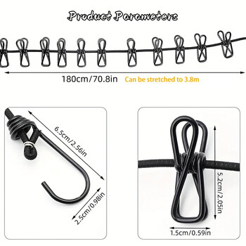 Преносима еластична стойка за дрехи за пътуване Ветроустойчива външна въже за дрехи с 12 щипки Връв за сушене на пране за балкон в задния двор
