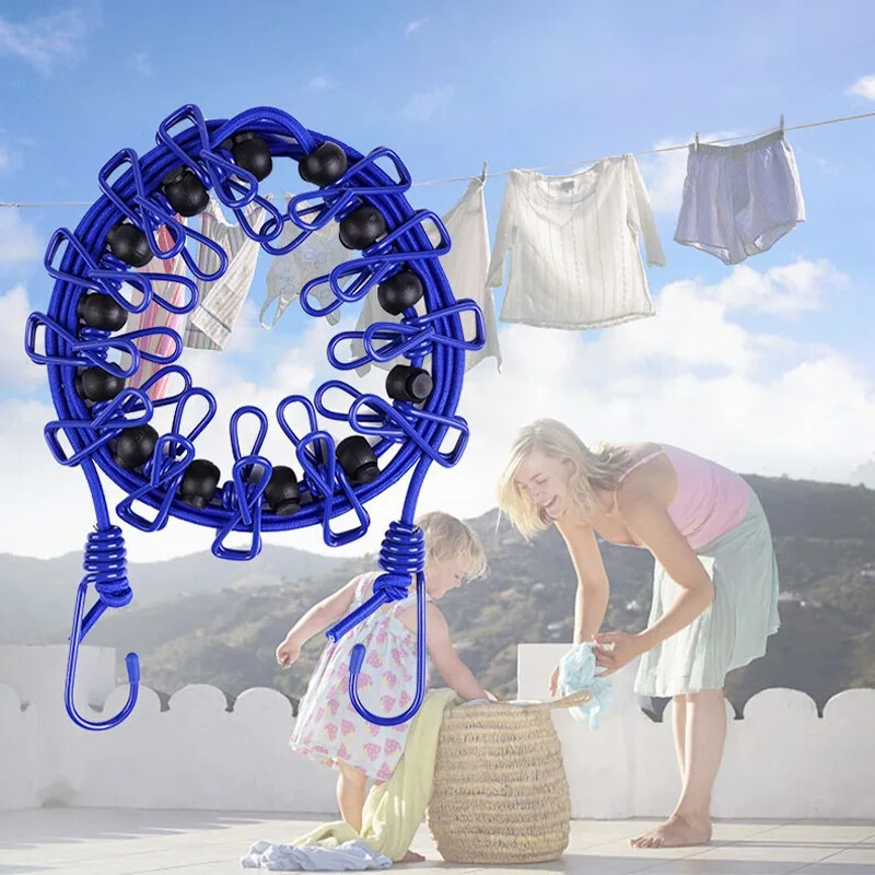 Nešiojama elastinga kelioninių drabužių kabykla, atspari vėjui, lauko drabužių linija su 12 spaustukų skalbinių džiovinimo linija, skirta kiemo balkonui