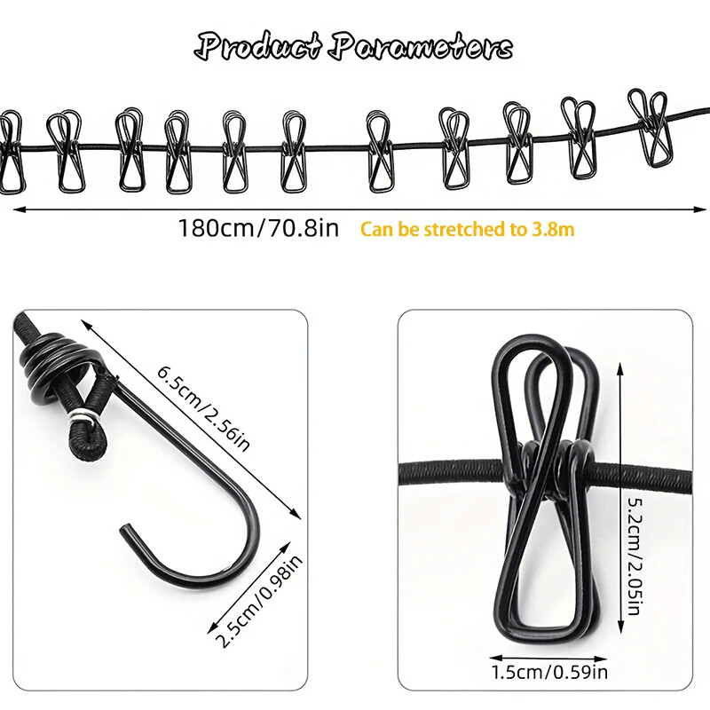 Nešiojama elastinga kelioninių drabužių kabykla, atspari vėjui, lauko drabužių linija su 12 spaustukų skalbinių džiovinimo linija, skirta kiemo balkonui