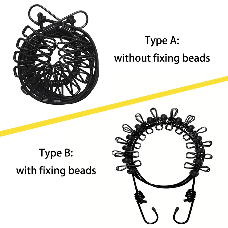 Nešiojama elastinga kelioninių drabužių kabykla, atspari vėjui, lauko drabužių linija su 12 spaustukų skalbinių džiovinimo linija, skirta kiemo balkonui