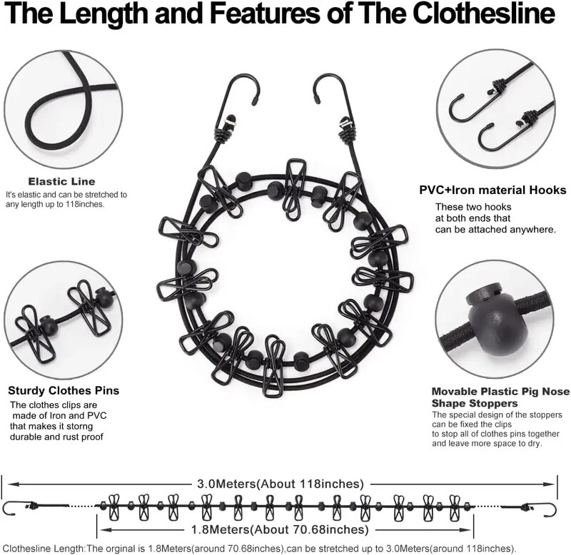 Πτυσσόμενο ρούχο με 12 κλιπ για στέγνωμα ρούχων και κάμπινγκ, φορητό σχοινί για στεγνωτήριο ρούχων