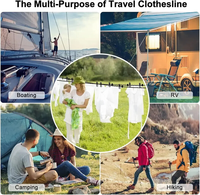 Πτυσσόμενο ρούχο με 12 κλιπ για στέγνωμα ρούχων και κάμπινγκ, φορητό σχοινί για στεγνωτήριο ρούχων
