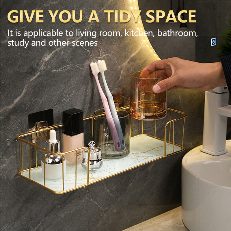 Raft de baie de lux fără găurire Raft de perete din fier cu placă de sticlă în stil marmură Suport depozitare machiaj Accesorii pentru baie