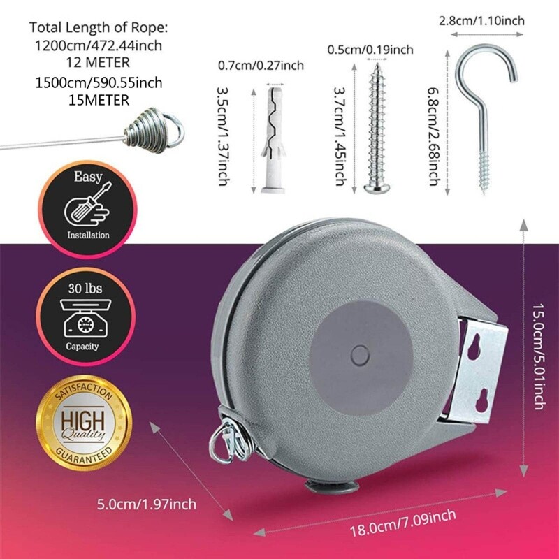 Sissetõmmatav riidenöör siseruumide välistingimustes kasutamiseks, vastupidav 30 naela riidenöör Sissetõmmatav ruumisäästlik pesunöör