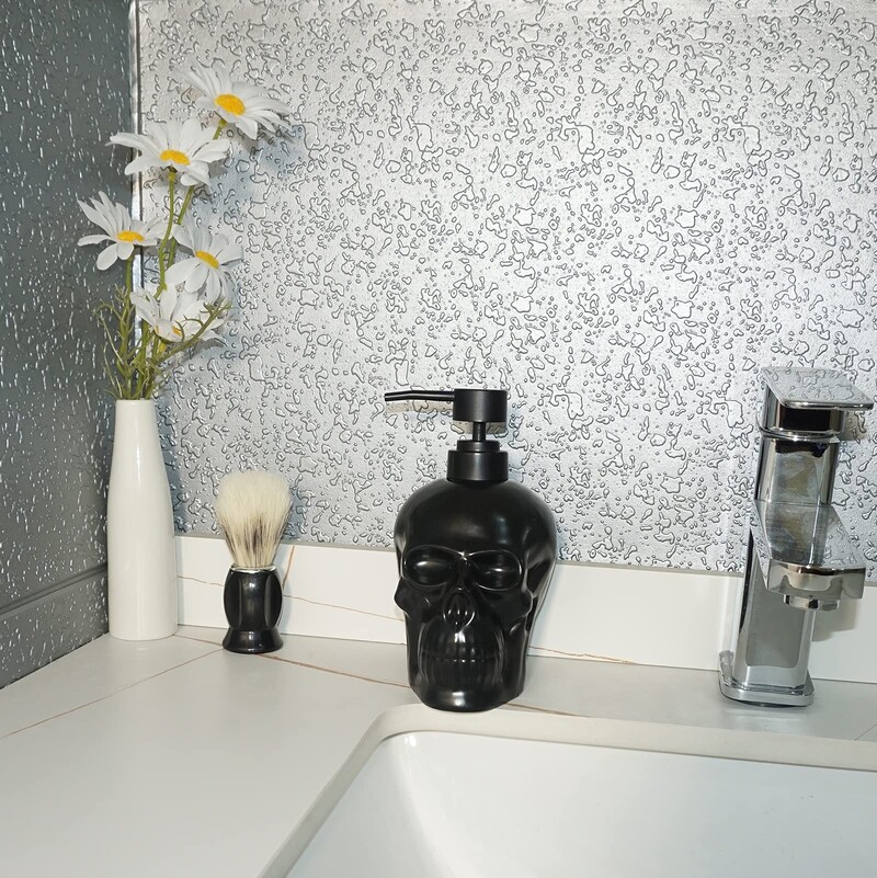 Dispenser de săpun cu design craniu, 11,83 oz, loțiune de șampon, reîncărcabilă, dezinfectant pentru mâini, recipient, sticlă, decorație de Halloween