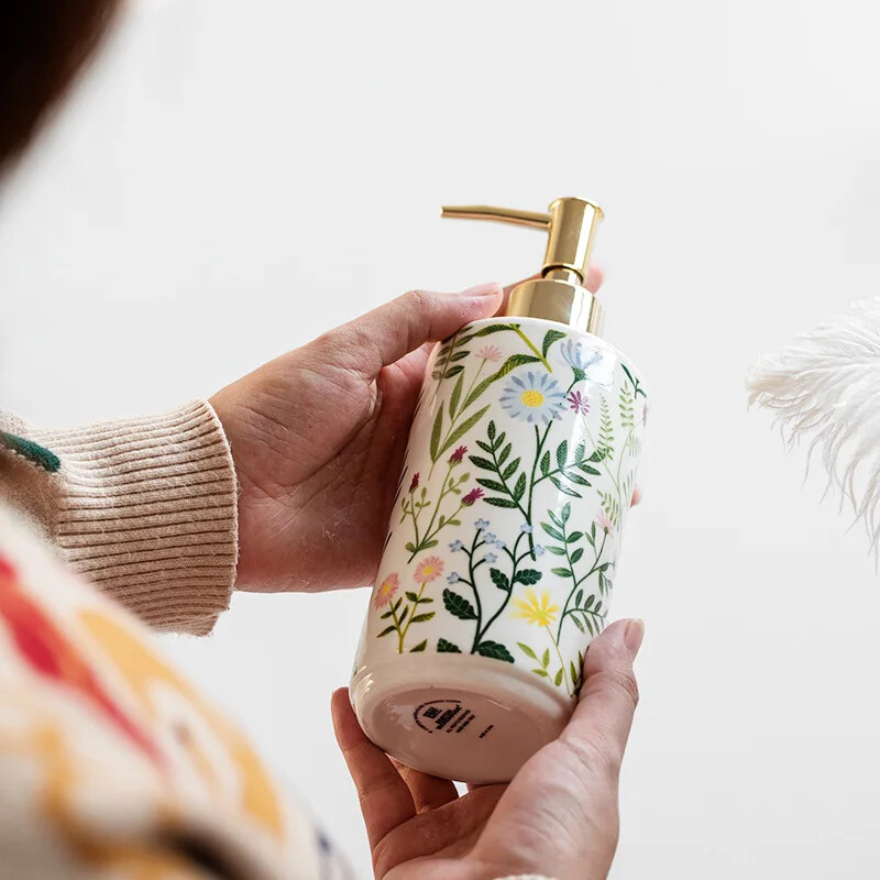 430 ml Șampon lichid Sticlă din ceramică în stil american cu model de flori Dozator de sticle de loțiune pentru acasă Accesorii de baie pentru hotel