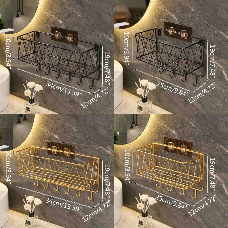 Raft de baie montat pe perete, fără perforare, fier de călcat, suport de depozitare pentru articole de toaletă cu cârlig pentru șampon, gel de duș, organizator, raft rezistent la rugină