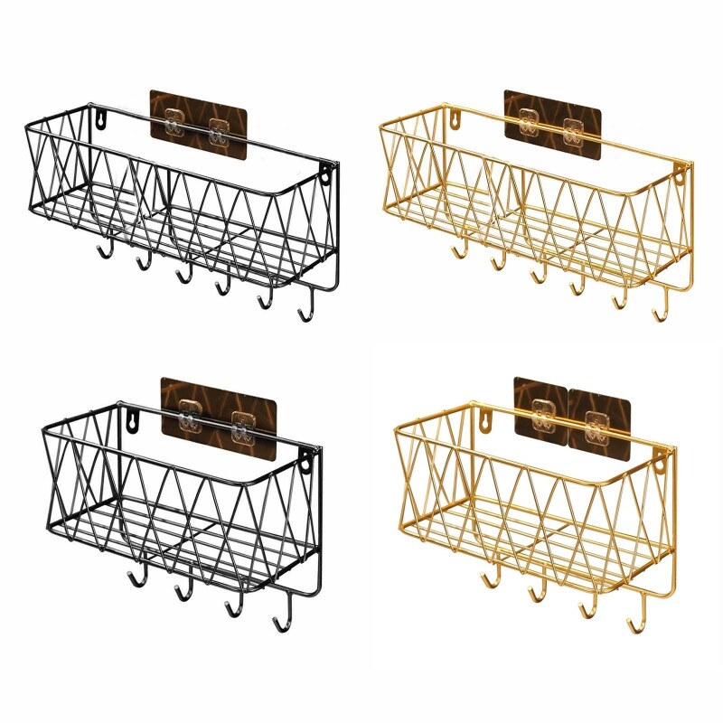 Raft de baie montat pe perete, fără perforare, fier de călcat, suport de depozitare pentru articole de toaletă cu cârlig pentru șampon, gel de duș, organizator, raft rezistent la rugină