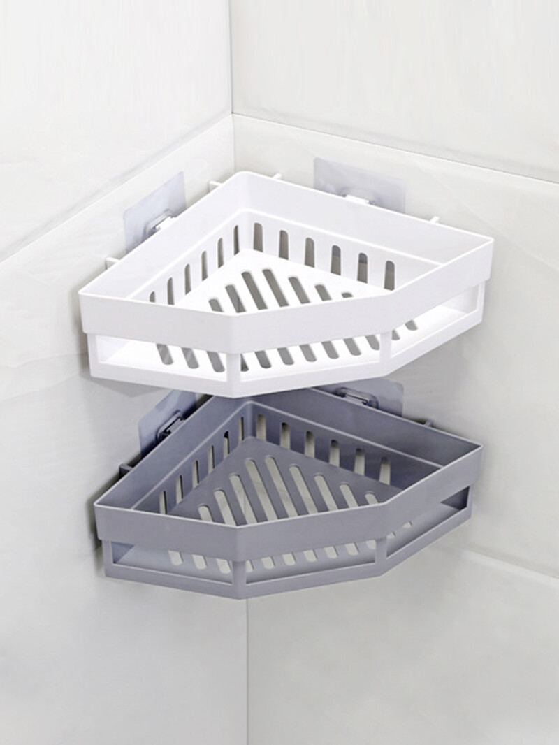 1 vnt PP trikampė laikymo lentyna, pritvirtinta prie sienos, vonios kambario kampinė laikymo dėžutė, praustuvas, lipnus tipas