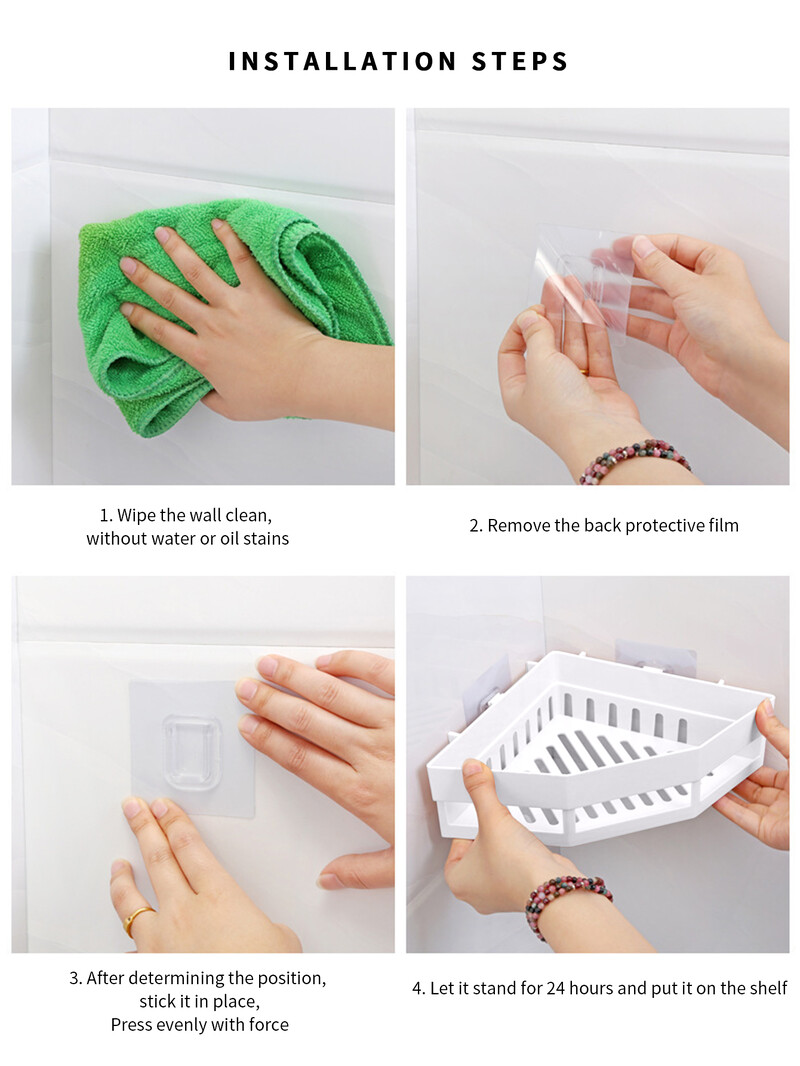 1 vnt PP trikampė laikymo lentyna, pritvirtinta prie sienos, vonios kambario kampinė laikymo dėžutė, praustuvas, lipnus tipas