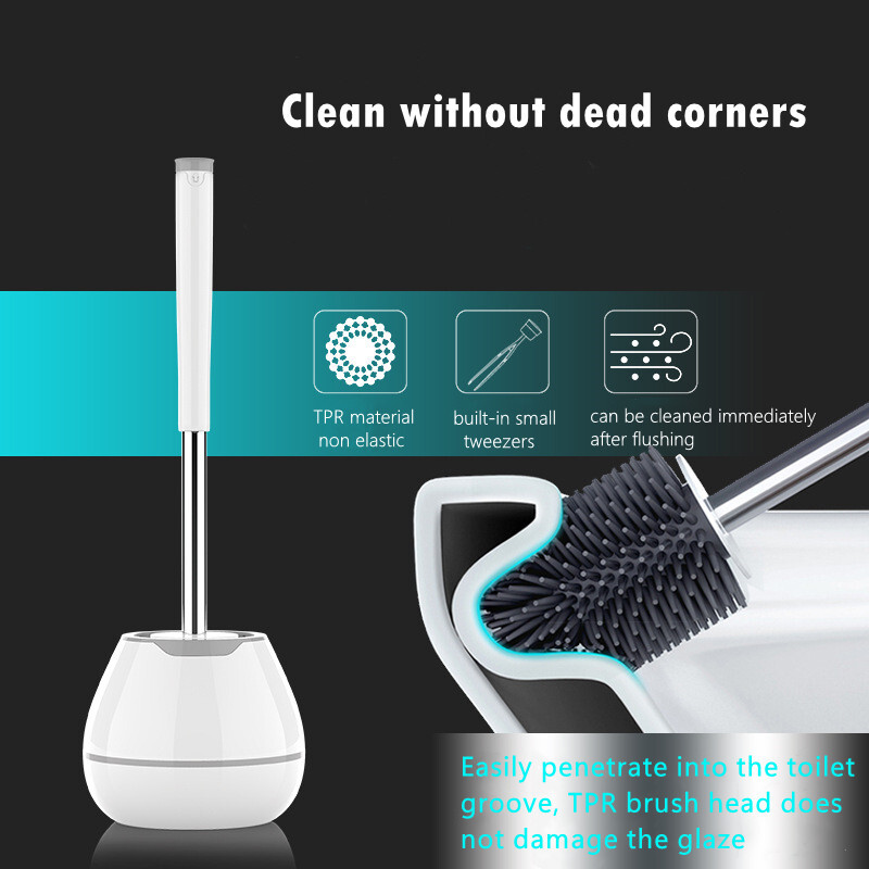 Perie de toaletă Detergent pentru toaletă Suport de pardoseală cu peri din silicon Set de perii pentru bol pentru curățare baie cu pensetă Accesorii pentru baie