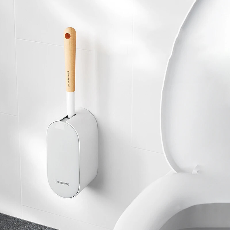 Perie de toaletă cu mâner din lemn cu suport Design curbat Perie de curățare în unghi WC Perie de toaletă montată pe perete Accesorii pentru baie