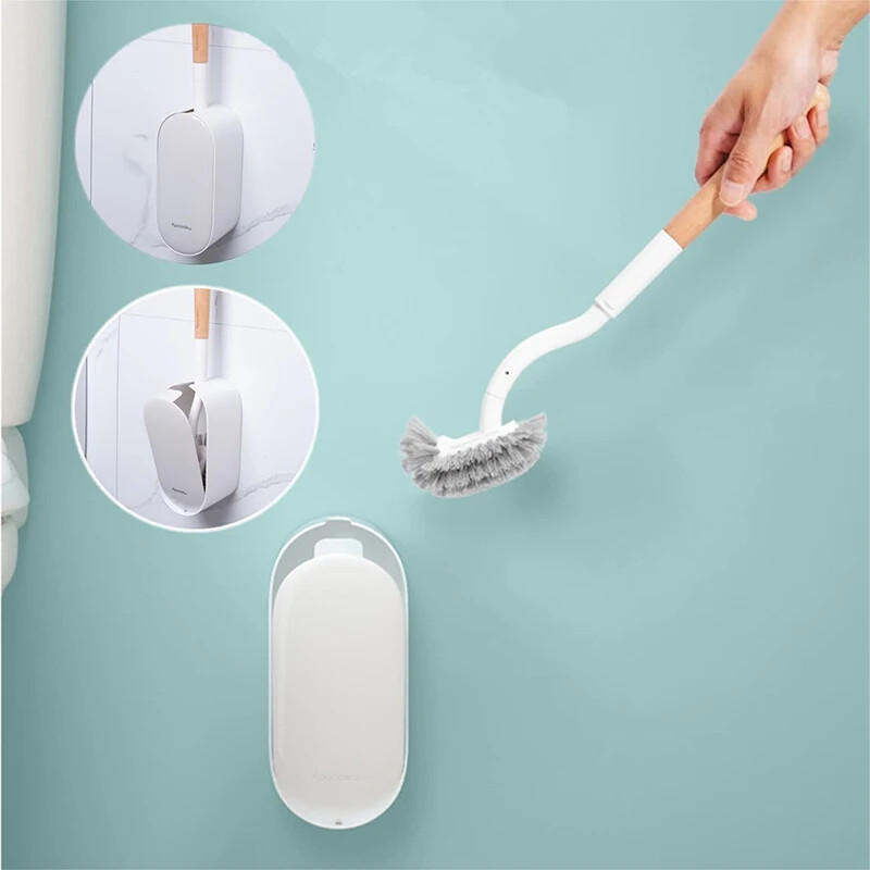 Perie de toaletă cu mâner din lemn cu suport Design curbat Perie de curățare în unghi WC Perie de toaletă montată pe perete Accesorii pentru baie