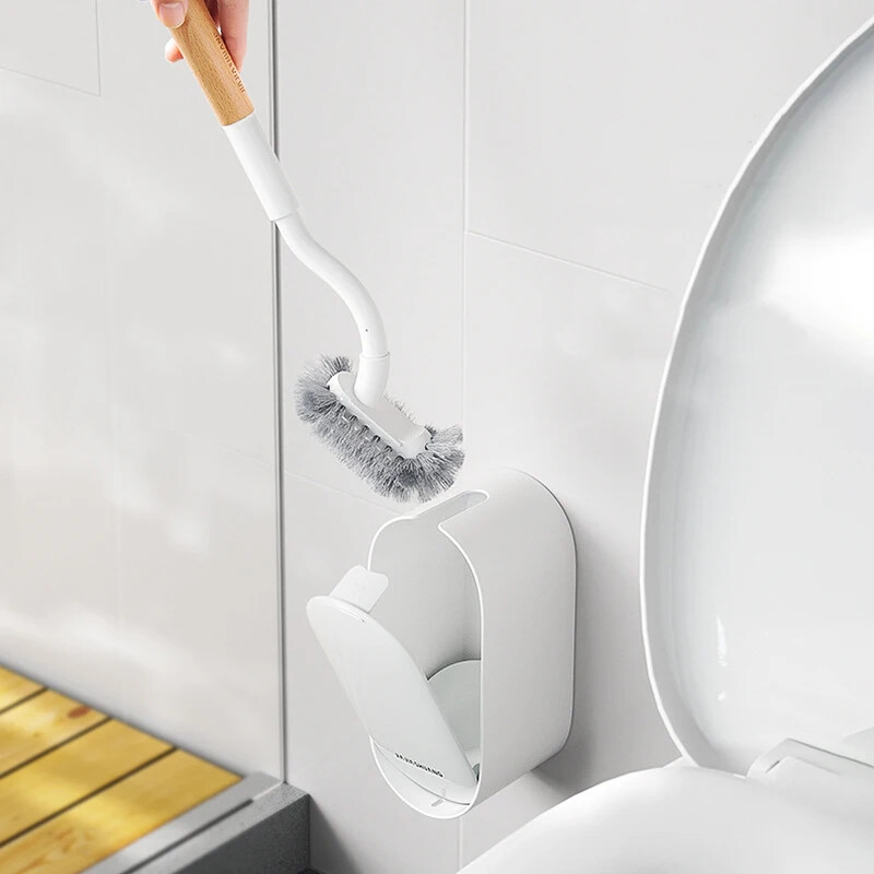 Perie de toaletă cu mâner din lemn cu suport Design curbat Perie de curățare în unghi WC Perie de toaletă montată pe perete Accesorii pentru baie