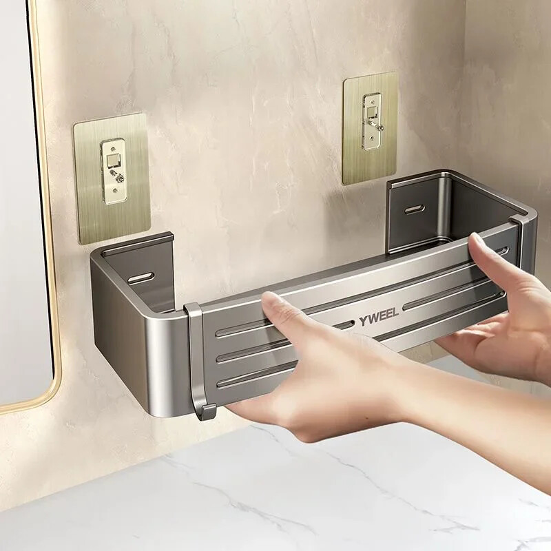 Vannitoa riiul Ristkülikukujuline perforatsioonivaba seinale paigaldatav majapidamisruumi vannitoariiul Alumiiniumist paksendatud hoiuriiul