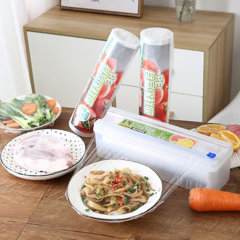 Sigur 1 buc. unealtă de bucătărie reglabilă cu tăietor de diapozitive, cutie de depozitare, dozator de folie de plastic, suport de depozitare pentru tăietor de folie alimentară