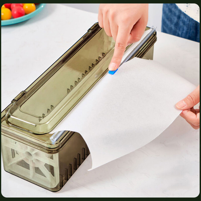 Plastikinės lipnios plėvelės pjaustytuvas Pakartotinai užpildomas dėžutės maisto įvyniojimo dozatorius Lengvos medžiagos priedai Maisto plėvelės laikiklis