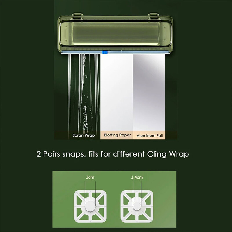 Plastikinės lipnios plėvelės pjaustytuvas Pakartotinai užpildomas dėžutės maisto įvyniojimo dozatorius Lengvos medžiagos priedai Maisto plėvelės laikiklis