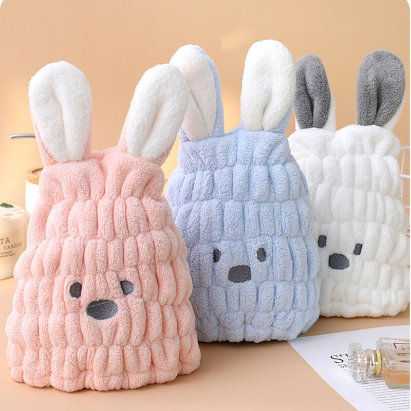 Pălărie de baie pentru copii, fără nasturi, elastică, drăguță, de desene animate, iepure, coral, pălărie de păr, duș uscat