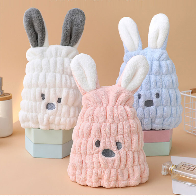 Pălărie de baie pentru copii, fără nasturi, elastică, drăguță, de desene animate, iepure, coral, pălărie de păr, duș uscat