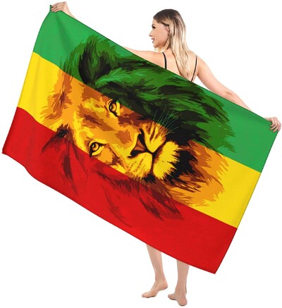 Mikropluošto paplūdimio rankšluostis Reggae Rasta Flag Liūtas vonios rankšluosčiai, atsparūs smėliui, greitai išdžiūsta baseino rankšluosčiai plaukimo kelionių paplūdimio antklodė