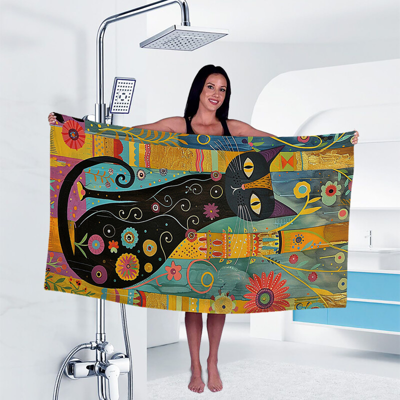 1 ilustrație colorată pictată manual cu prosop de plajă cu model de pisică, moale și absorbant, accesorii de plajă, potrivite pentru exterior