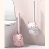 Higieninis šepetys Cute Cat Base Prie sienos tvirtinamas ilgomis rankenomis tualeto siena pakabinamas be mirties kampo Vonios reikmenys Tualeto šepetėlių rinkinys
